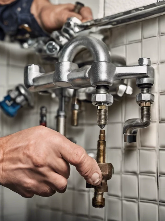 Close-up of a plumber’s hands adjusting pipes and fittings under a sink, highlighting the intricate work and tools involved in plumbing maintenance.