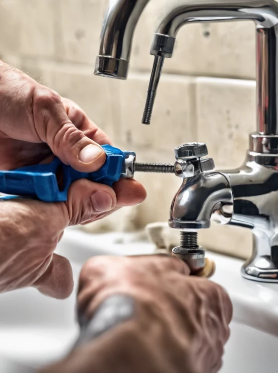 Detailed view of a plumber tightening the faucet connections with a blue handle tool, showcasing the precision and care in plumbing work.