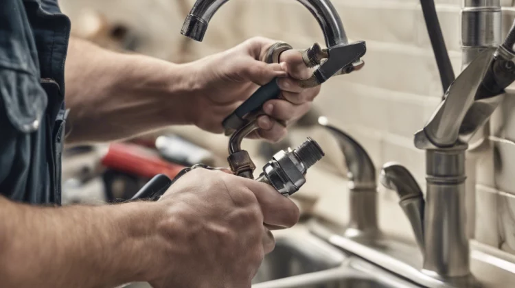Close-up of a plumber's hands using a wrench to repair a kitchen faucet, highlighting the intricate details and expertise involved.